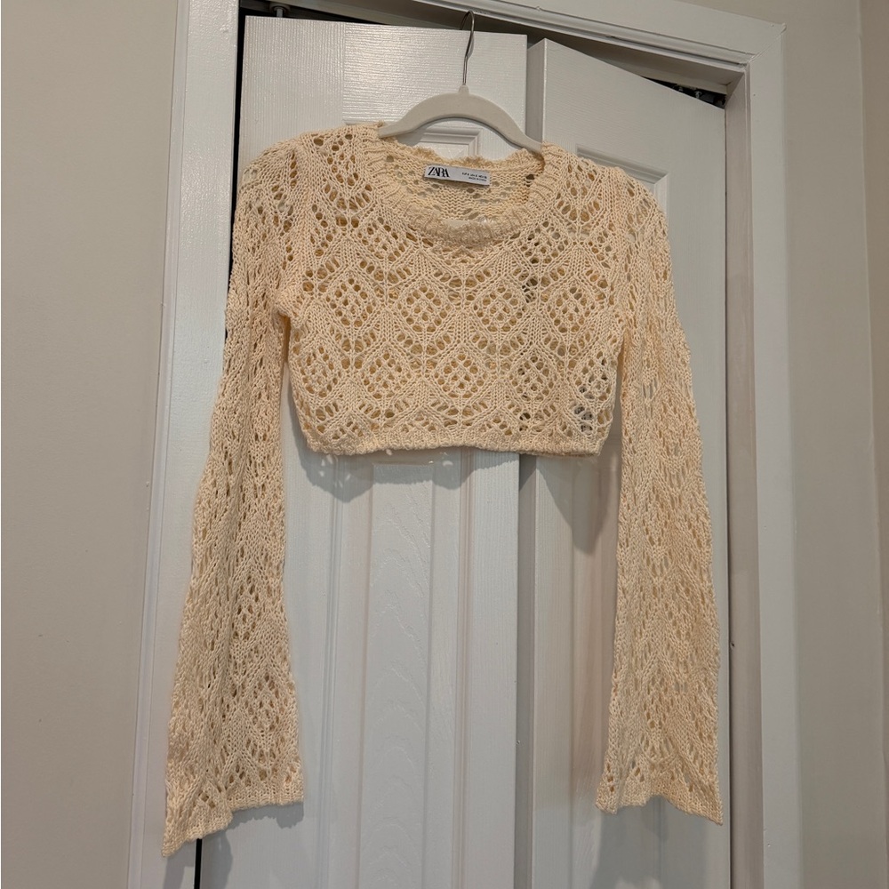 Zara Cream Crochet Long-Sleeve Swim Coverup Crop Top